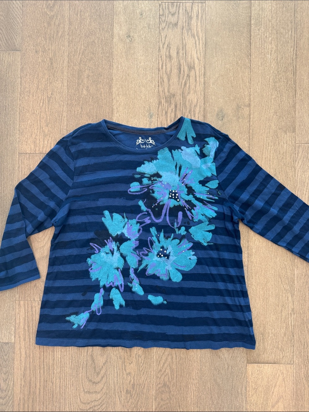 Nicole Miller Knit Cotton Top Blue Stripes Overlaid Embellished Floral Womens 1X